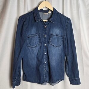 Mudd Denim Chambray Shirt Women L Long Sleeve Pearl Snap Blue Jean‎ Style Top